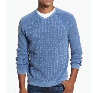 Tommy Bahama Relax Men’s Medium Blue Sunwashed Cotton Cableknit V Neck Sweater